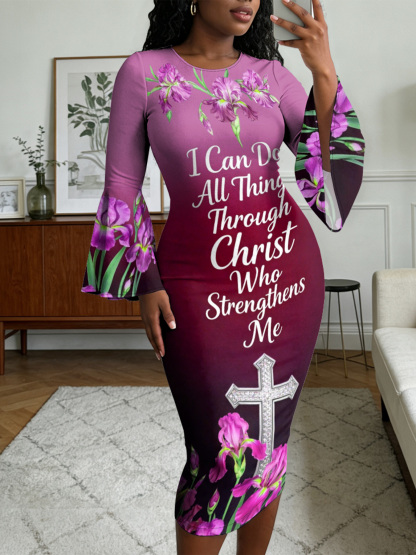 Burgundy Iris Floral Cross Scripture Easter Flare Sleeve Bodycon Midi Dress JIHB2863