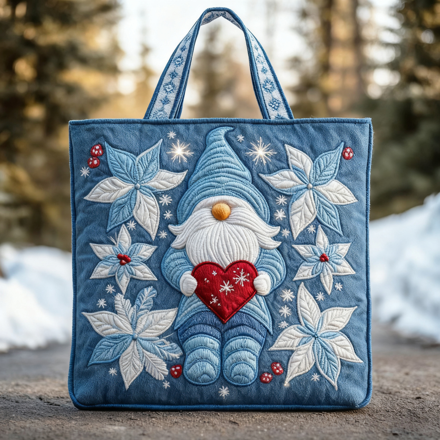 Winter Heart Gnome Quilted Tote Bag  Christmas bag