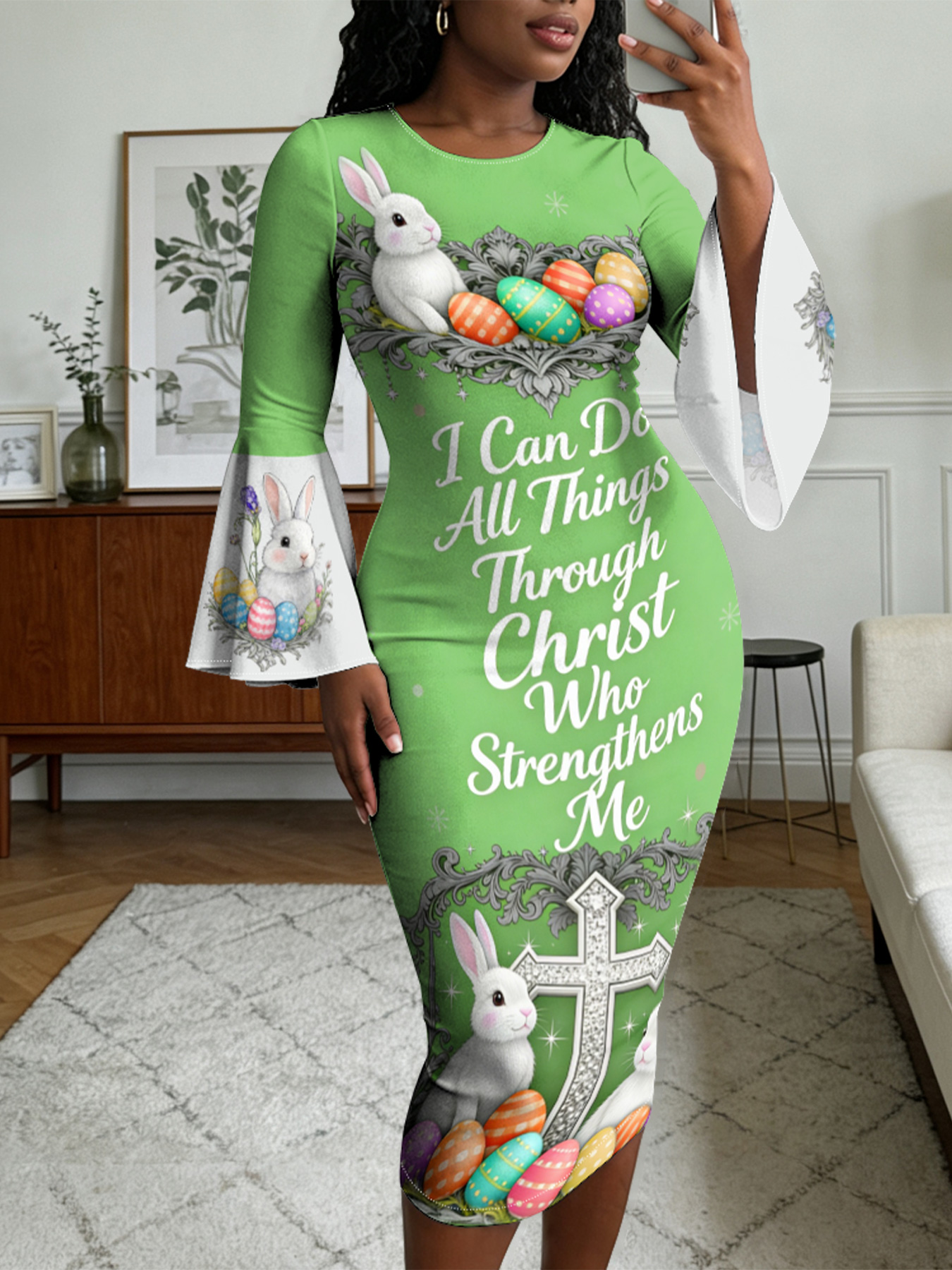 Fresh Green Easter Bunny Cross Easter Flare Sleeve Bodycon Midi Dress