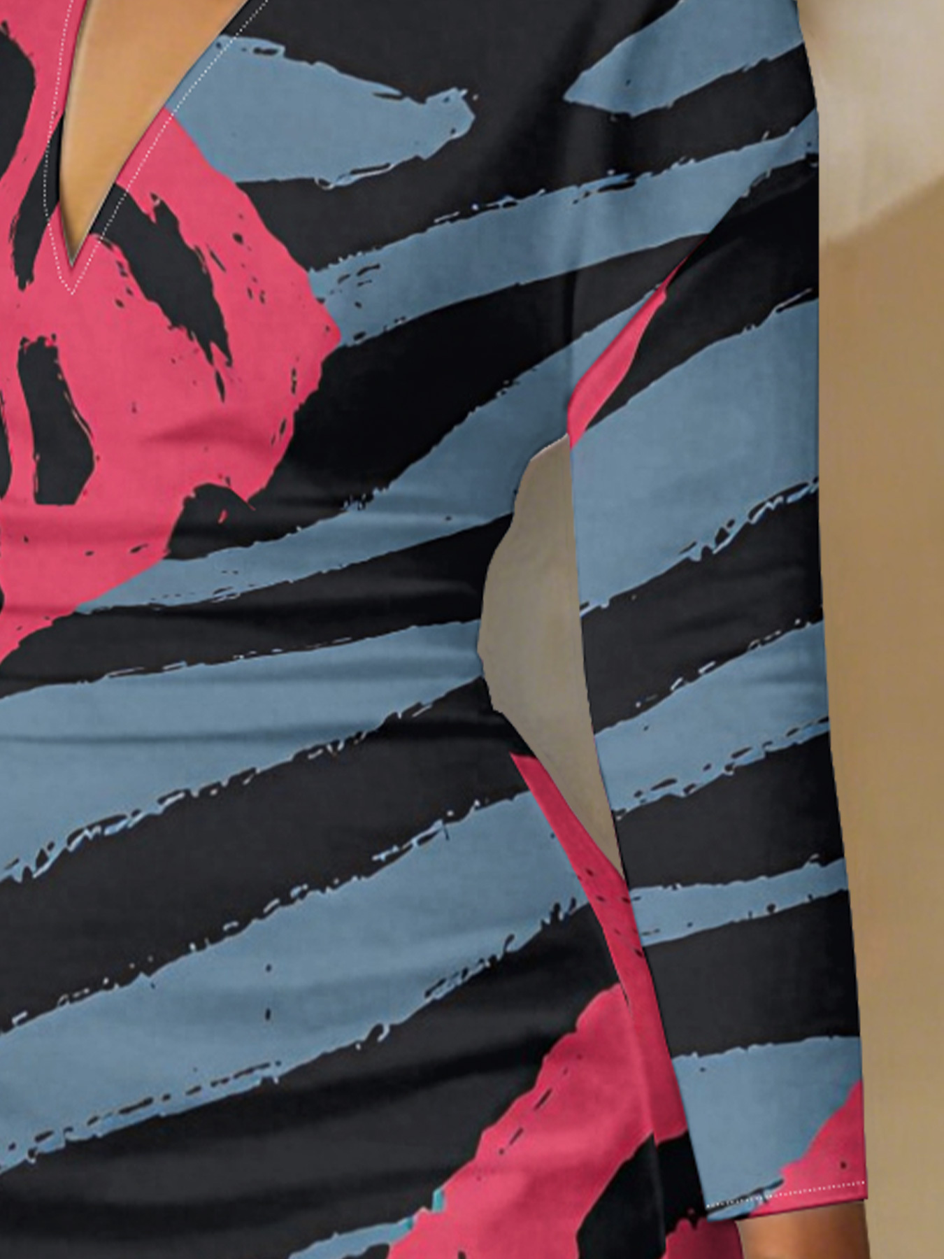 Blue Pink Abstract Brushstroke V-Neck Bodycon Midi Dress 