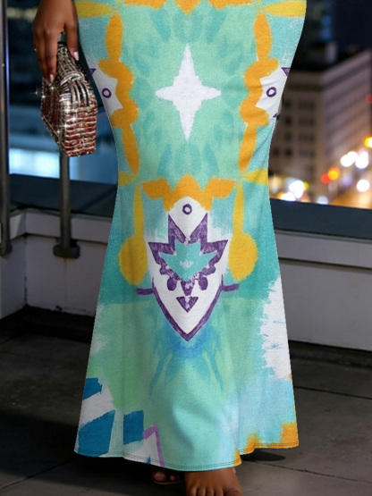 Teal Tribal Geometric Spaghetti Strap Mermaid Dress 