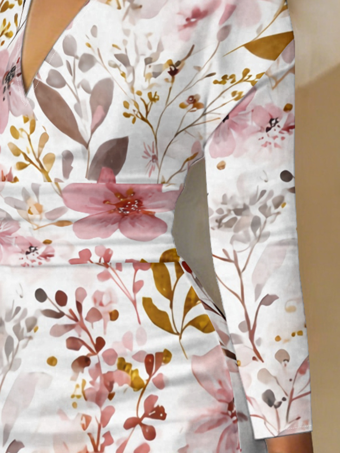 Watercolor Blush Floral V-Neck Bodycon Midi Dress CIT3571