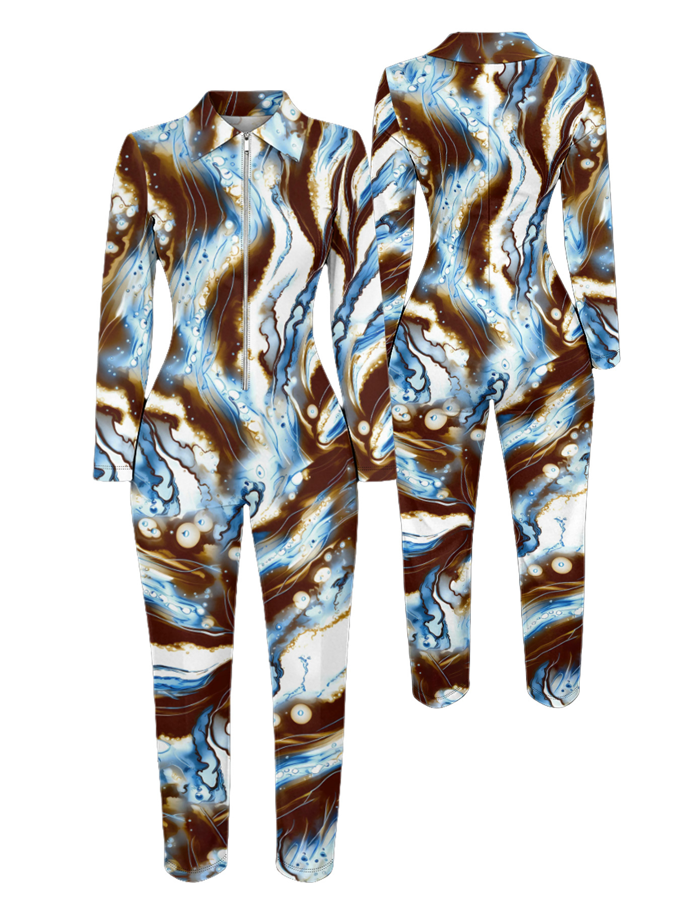 Marble Swirl Long Sleeve Zip-Up Jumpsuit