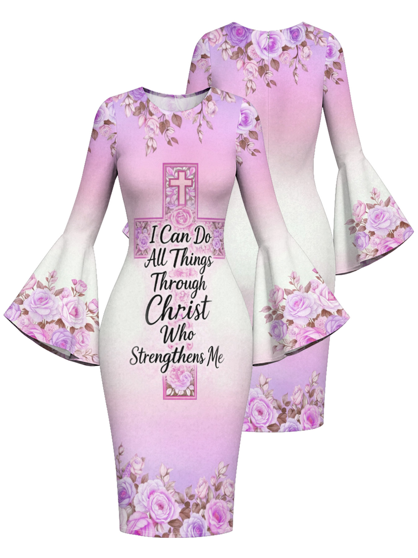 Floral Cross Scripture Easter Flare Sleeve Bodycon Midi Dress JHU758