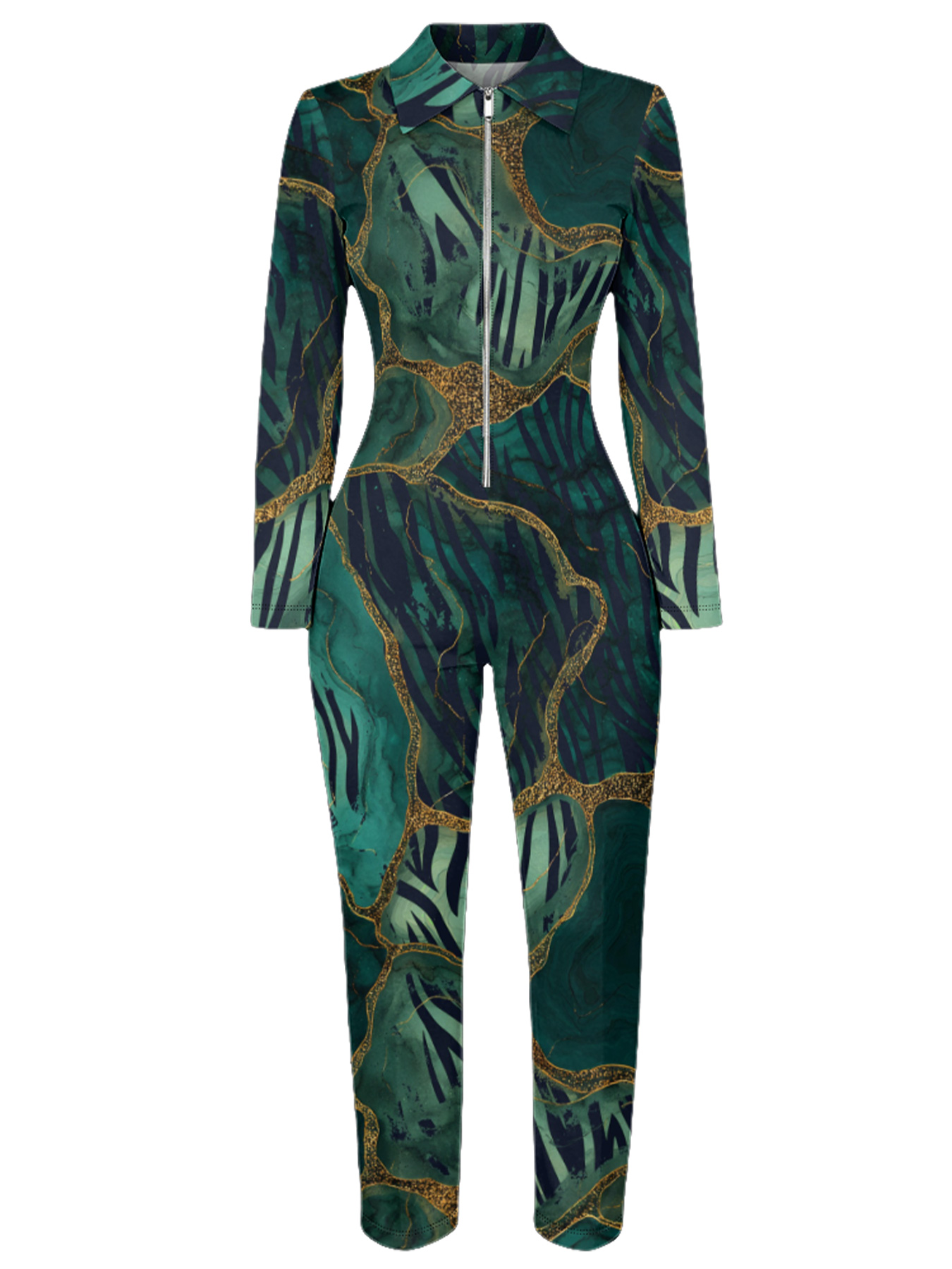 Emerald Green Marble Long Sleeve Zip-Up Jumpsuit UVW721