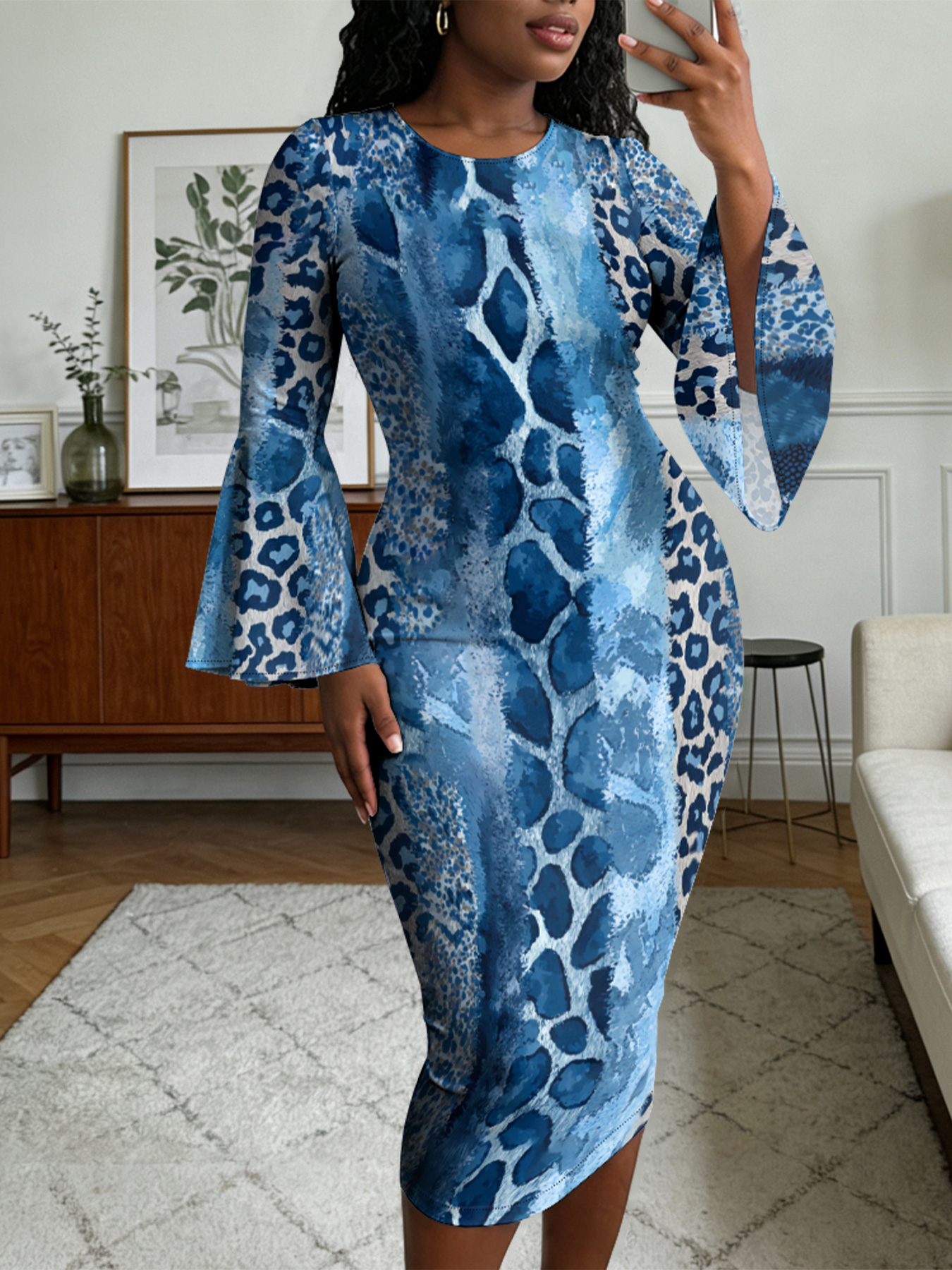 Blue Watercolor Animal Flare Sleeve Bodycon Midi Dress