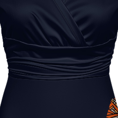 Navy Orange Tribal Cap Sleeve V-Neck Midi Dress