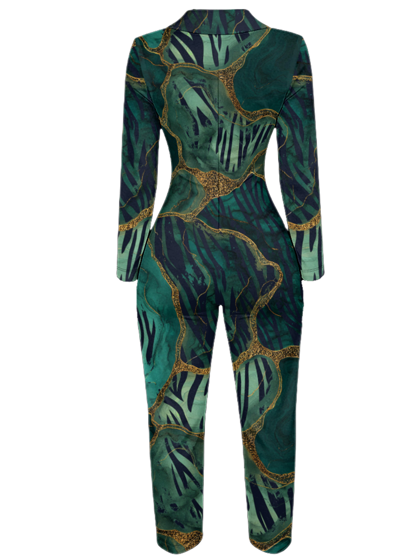 Emerald Green Marble Long Sleeve Zip-Up Jumpsuit UVW721