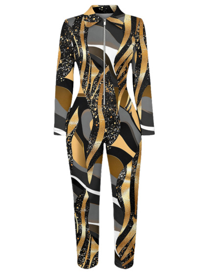 Metallic Gold Stripe Long Sleeve Zip-Up Jumpsuit STU943