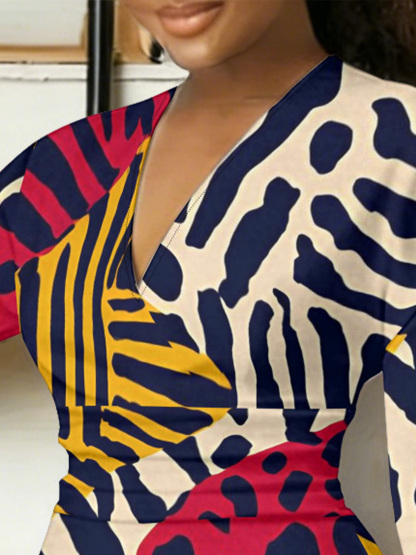 Wild Mixed V-Neck Bodycon Midi Dress CFH830