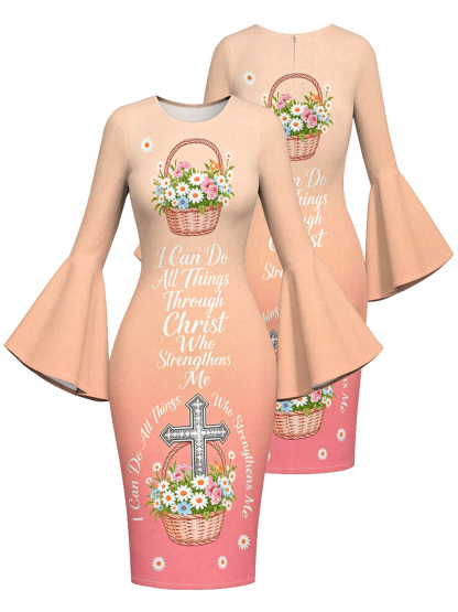 Peach-Pink Floral Basket Cross Easter Flare Sleeve Bodycon Midi Dress