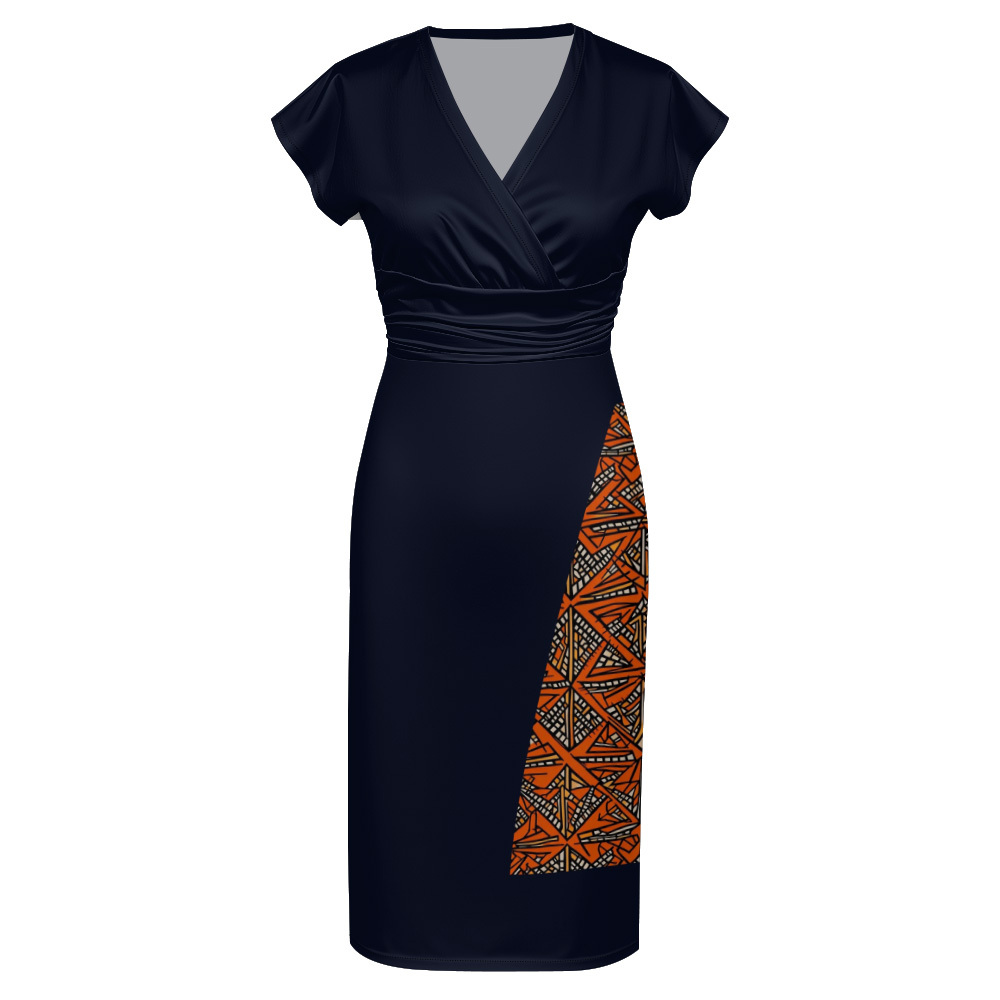 Navy Orange Tribal Cap Sleeve V-Neck Midi Dress
