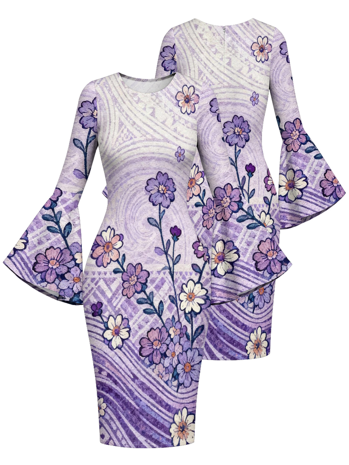Lavender Swirl Floral Flare Sleeve Bodycon Midi Dress XWU620