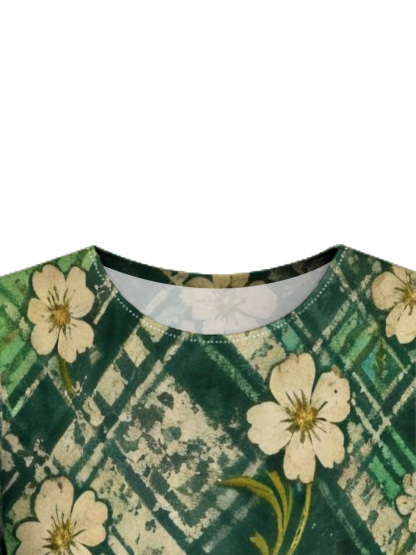Green Plaid Floral Flare Sleeve Bodycon Midi Dress DCB840