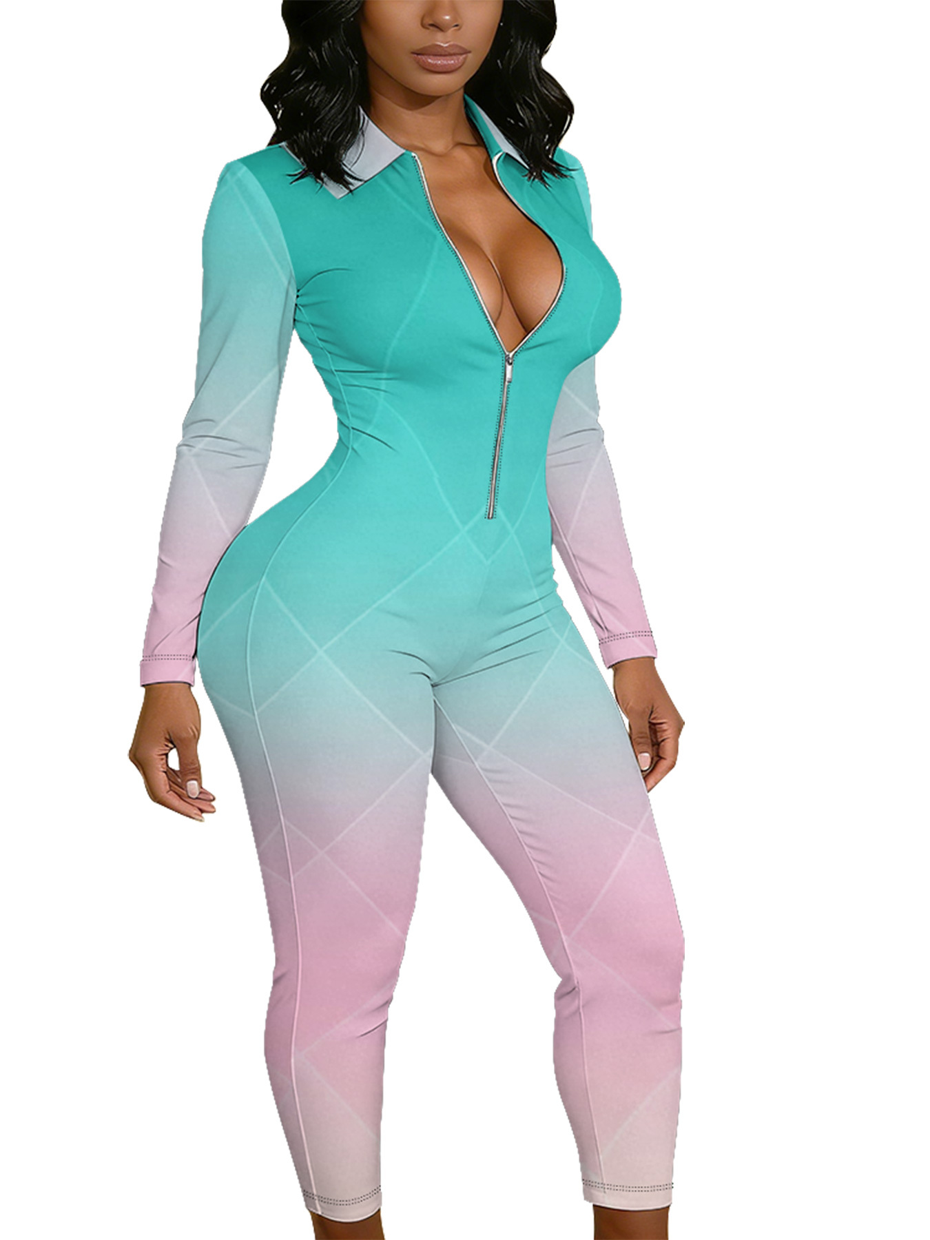 Teal to Pink Gradient Long Sleeve Zip-Up Jumpsuit