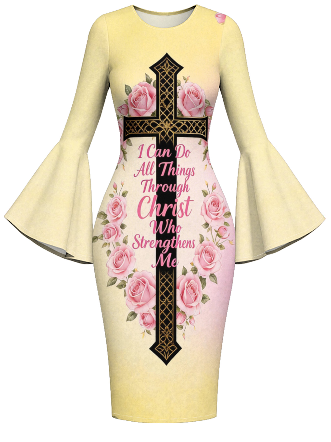Butter Yellow Christian Cross Easter Flare Sleeve Bodycon Midi Dress