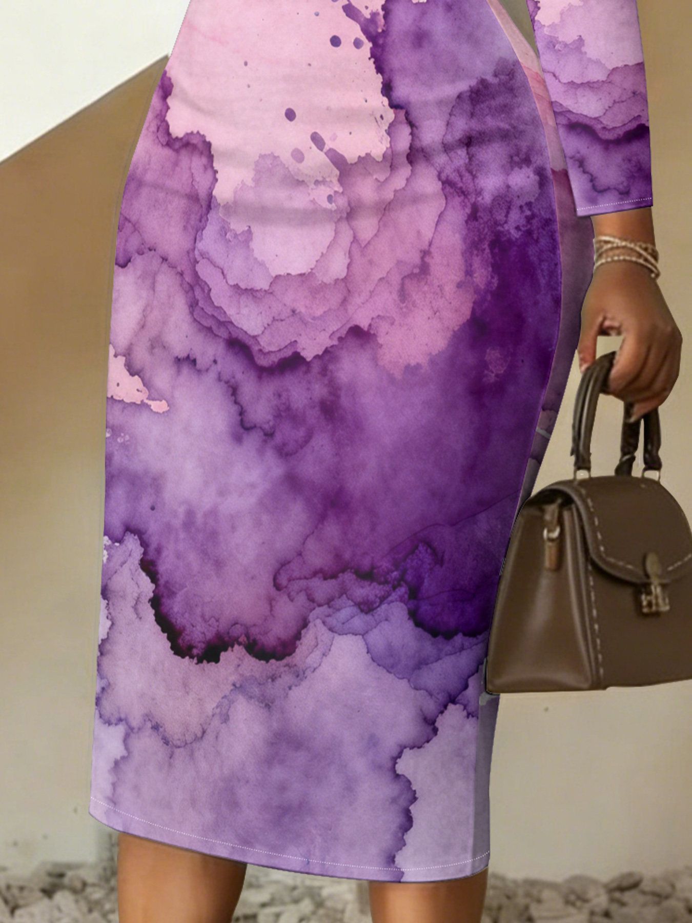 Purple Watercolor Tie-Dye V-Neck Bodycon Midi Dress MQB3865