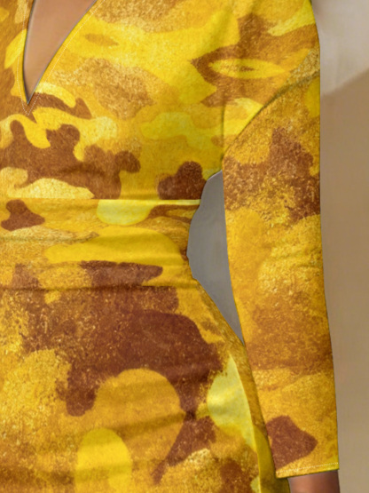 Yellow & Brown Camouflage V-Neck Bodycon Midi Dress JKP5931
