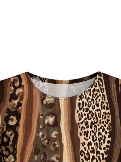 Brown Stripe & Leopard Print Bell Flare Sleeve Bodycon Midi Dress