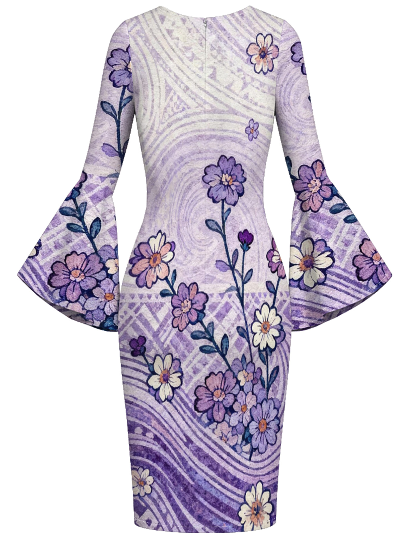Lavender Swirl Floral Flare Sleeve Bodycon Midi Dress XWU620
