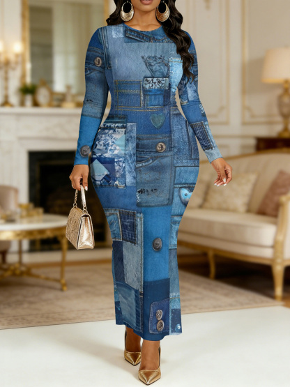 Faded Denim Round Sleeve Neck Long Bodycon Dress