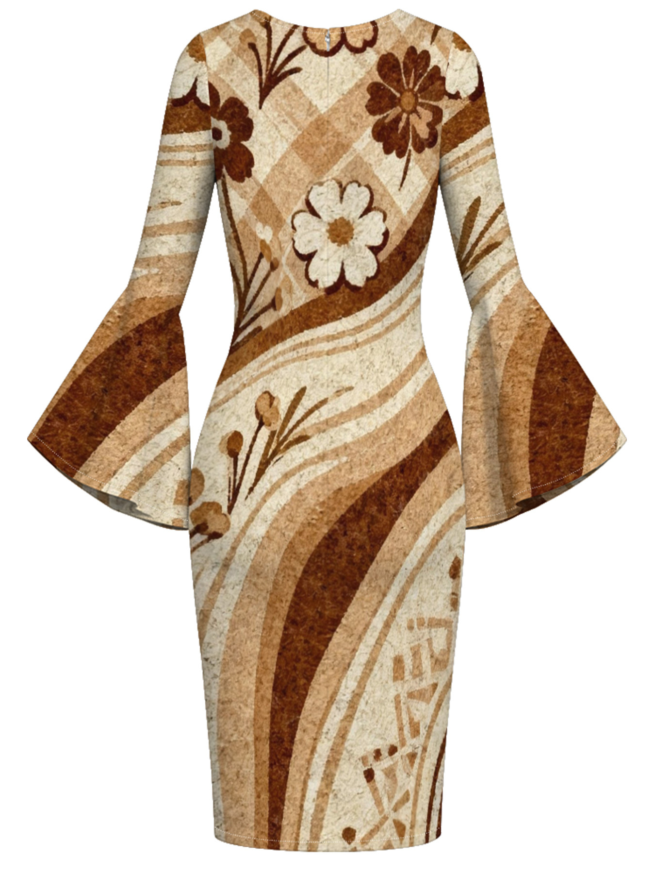 Tan Floral Stripe Flare Sleeve Bodycon Midi Dress NML963