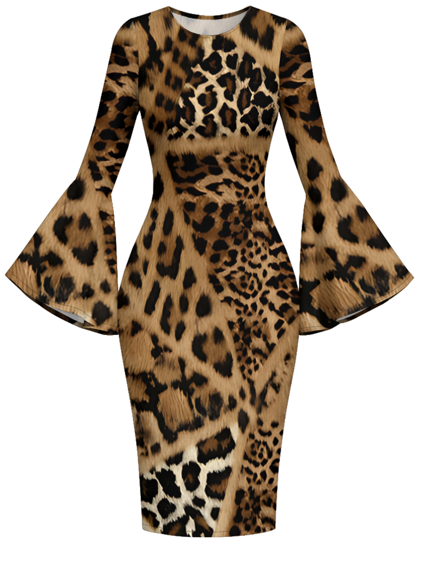 Classic Leopard Print Bell Flare Sleeve Bodycon Midi Dress