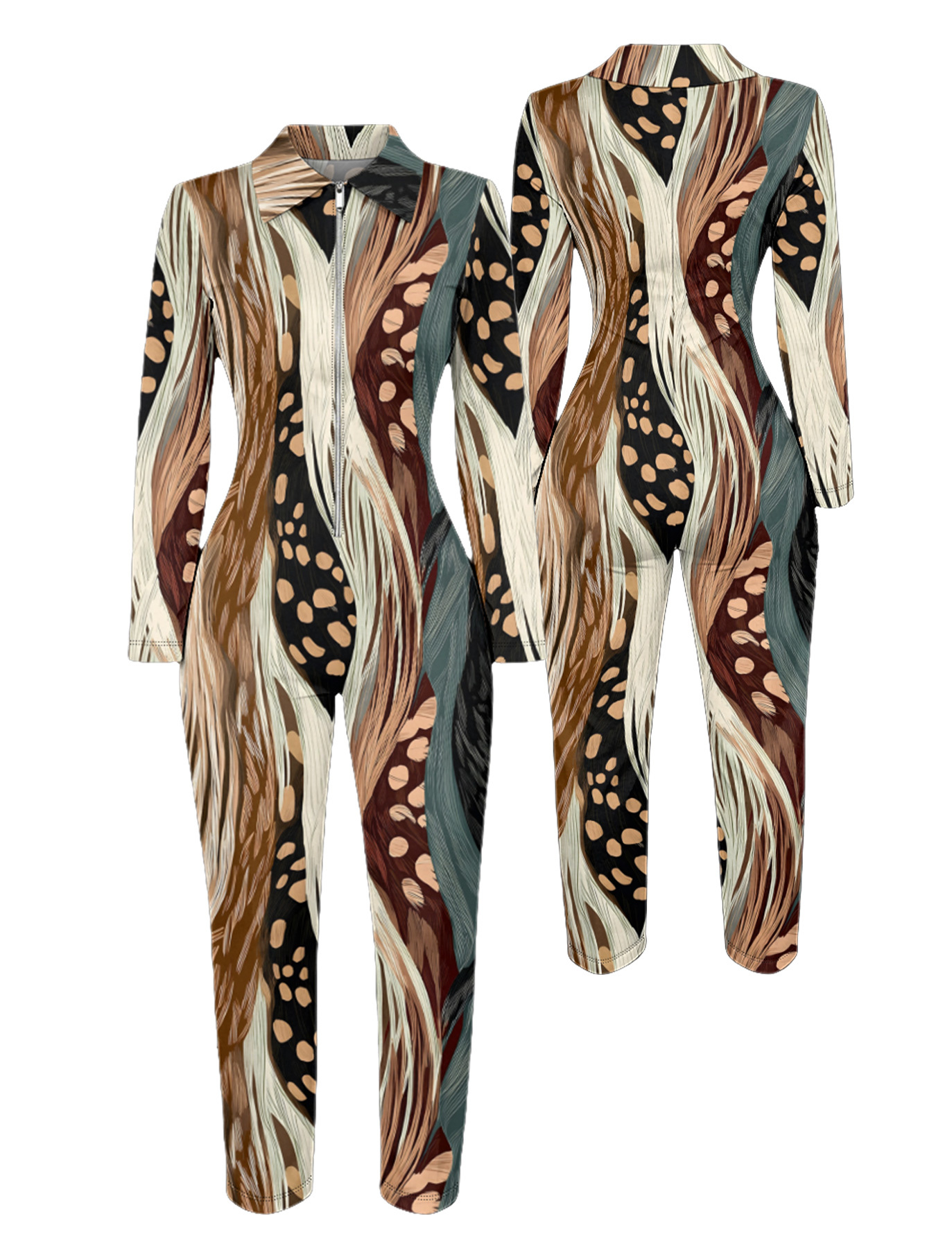 Safari Stripe & Spot Long Sleeve Zip-Up Jumpsuit RST403