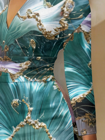 Teal Purple Gold Floral V-Neck Bodycon Midi Dress EFG930