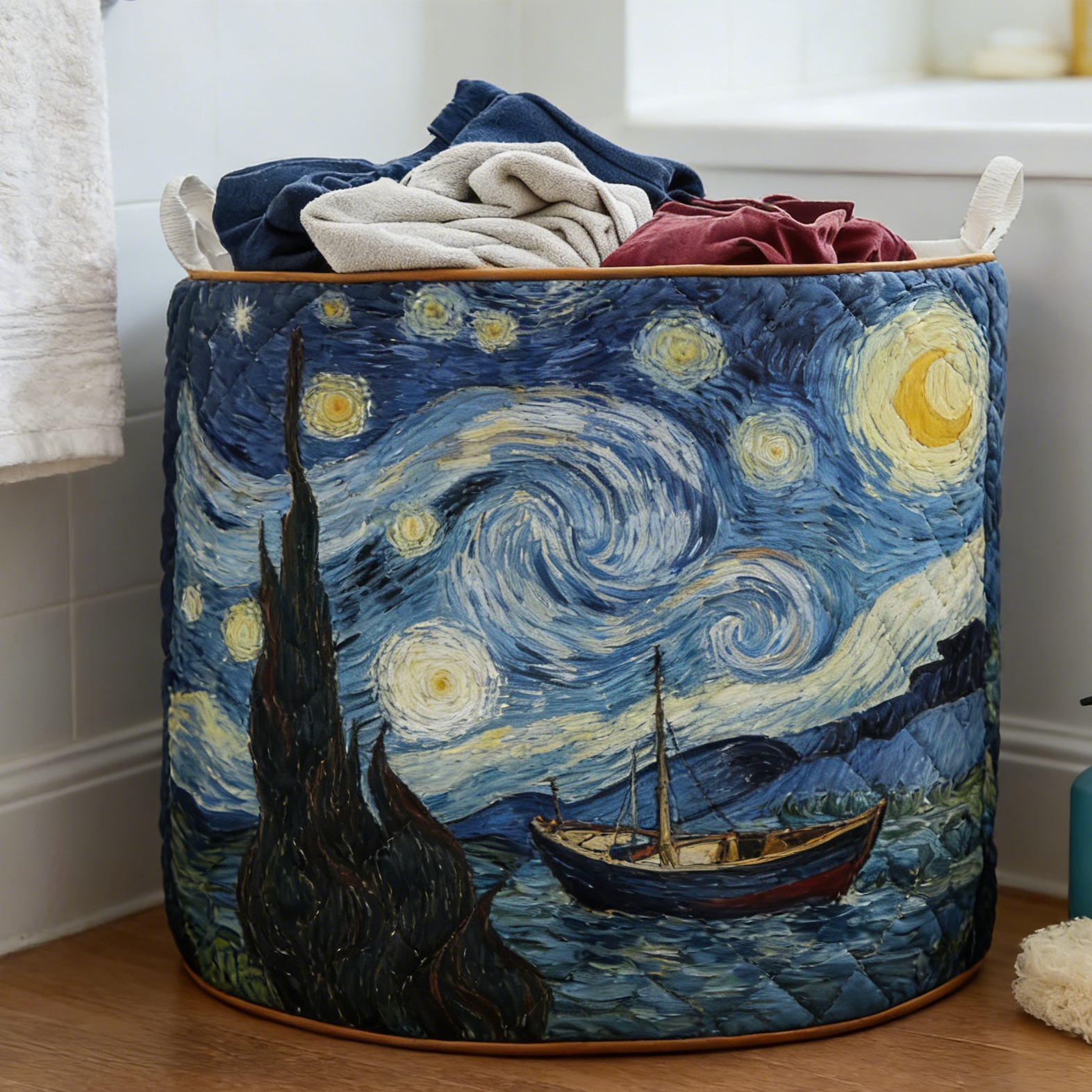 Starry Night & Fishing Boat Quilted Laundry Basket TYUIO531