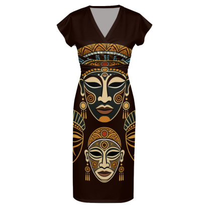 African Mask Cap Sleeve V-Neck Midi Dress ABE975