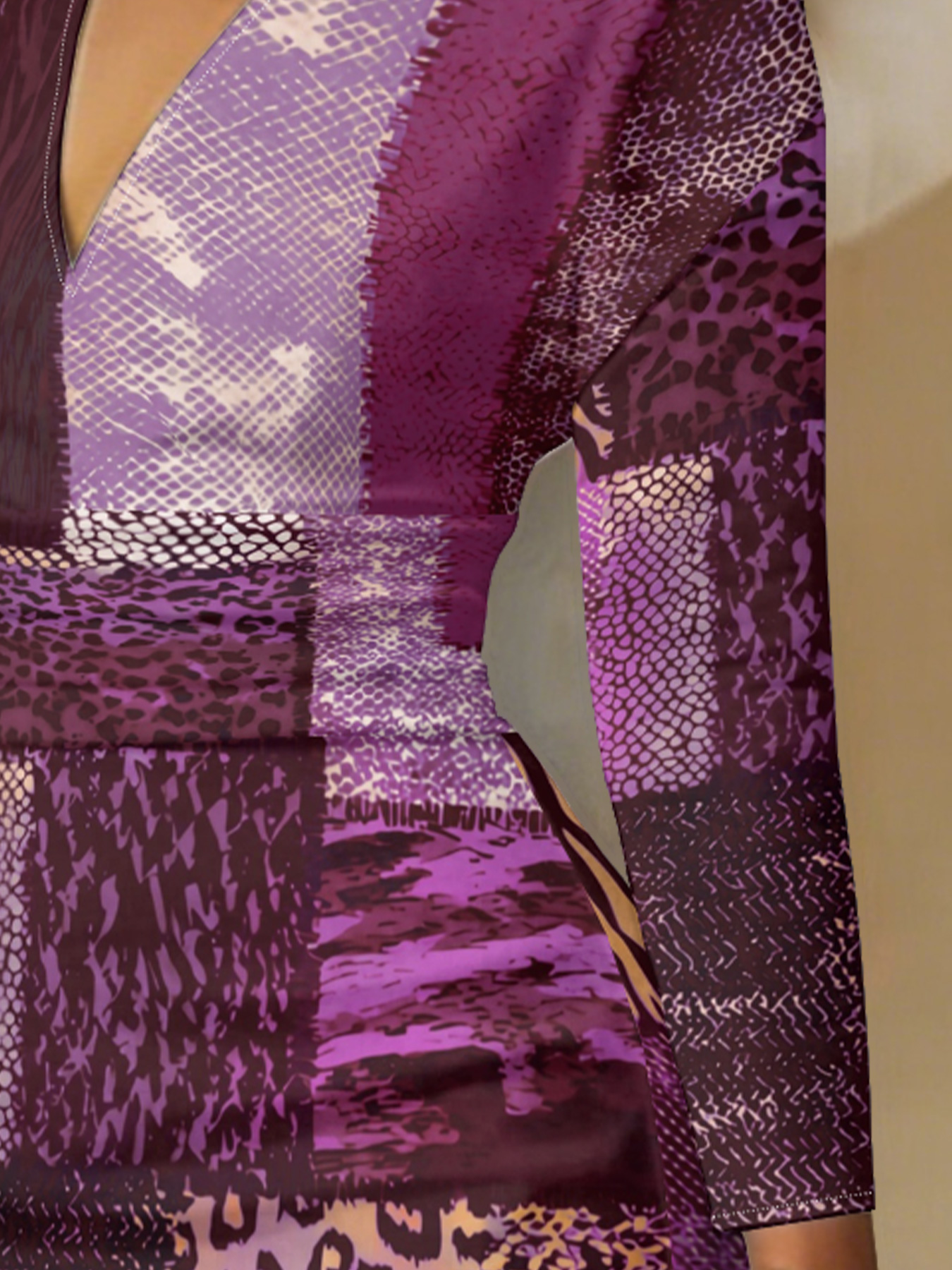 Purple Patchwork Animal V-Neck Bodycon Midi Dress CLX7394