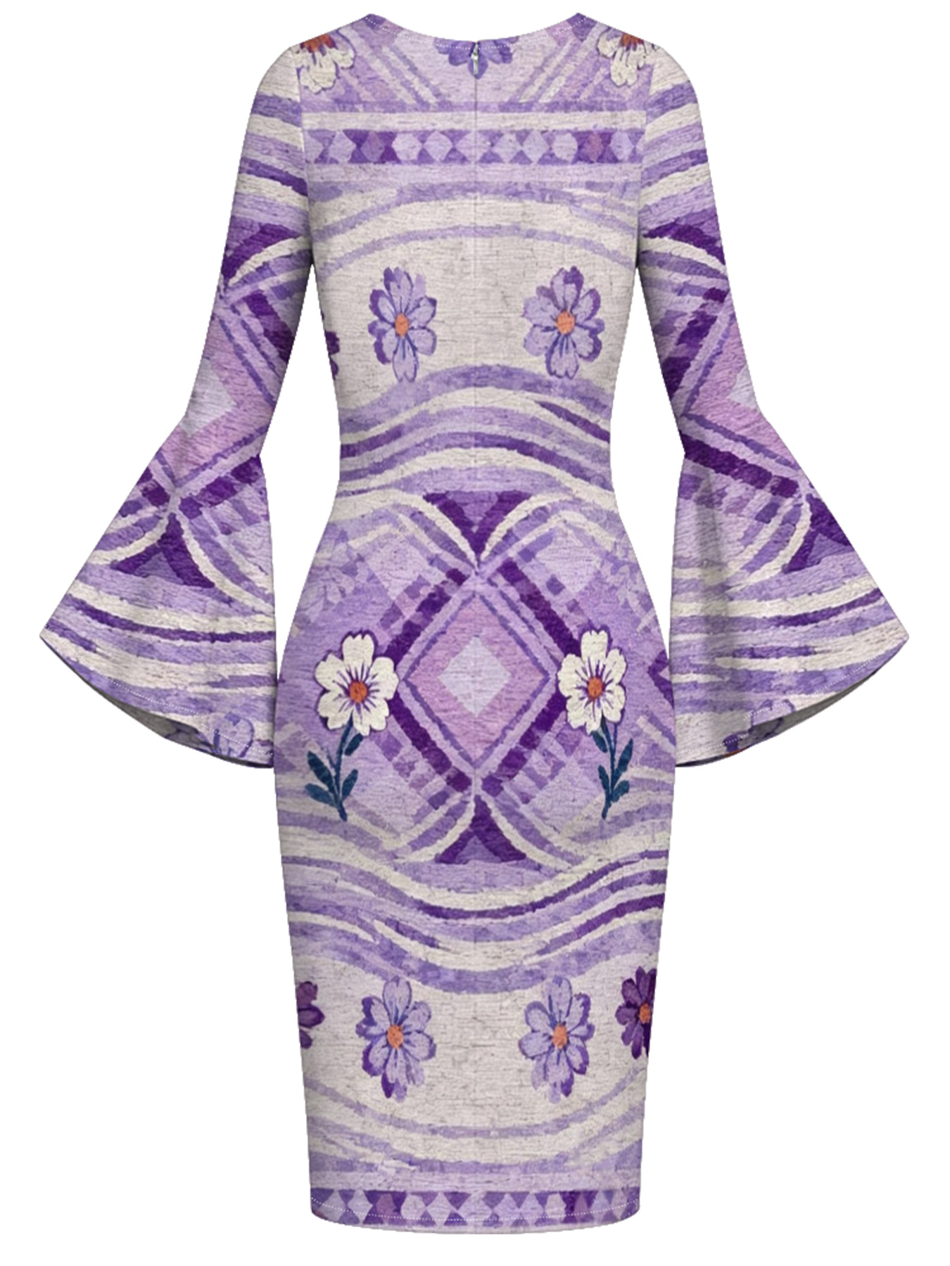 Purple Geometric Floral Flare Sleeve Bodycon Midi Dress DCB840