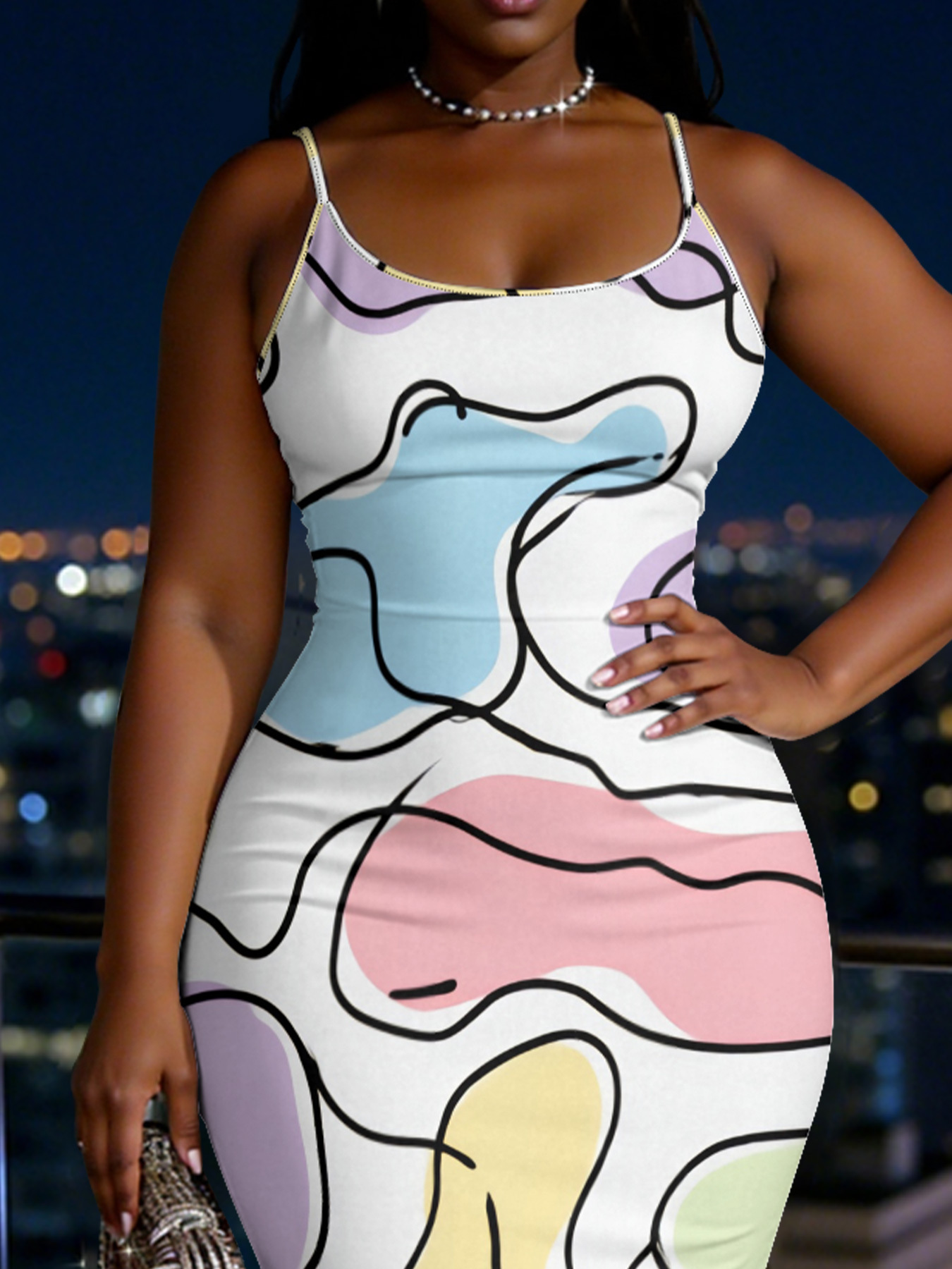 Pastel Abstract Line Art Spaghetti Strap Mermaid Dress DGIM94713