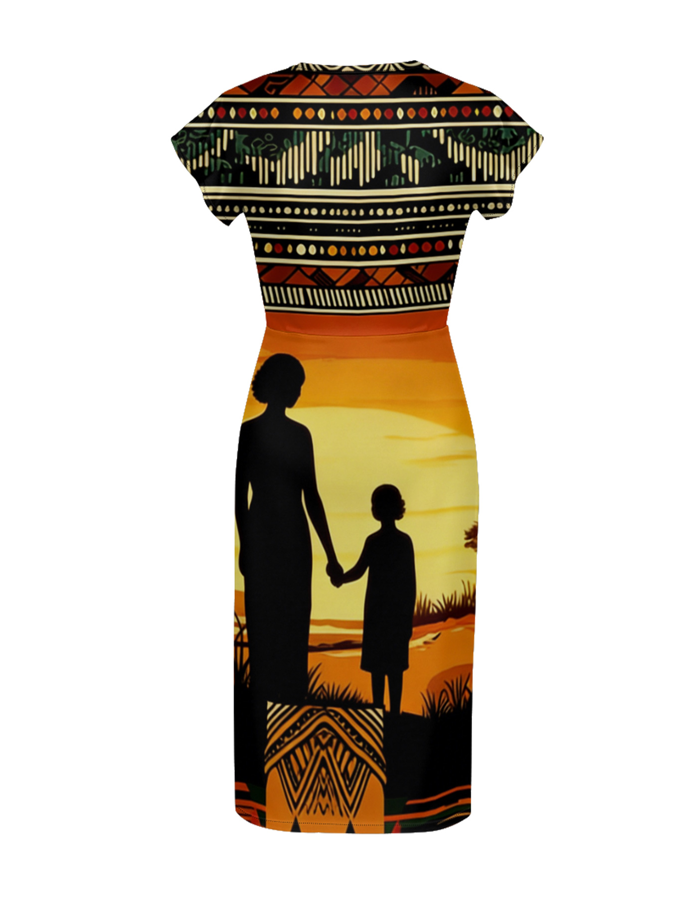 African Savannah Sunset Cap Sleeve V-Neck Midi Dress IJG7685