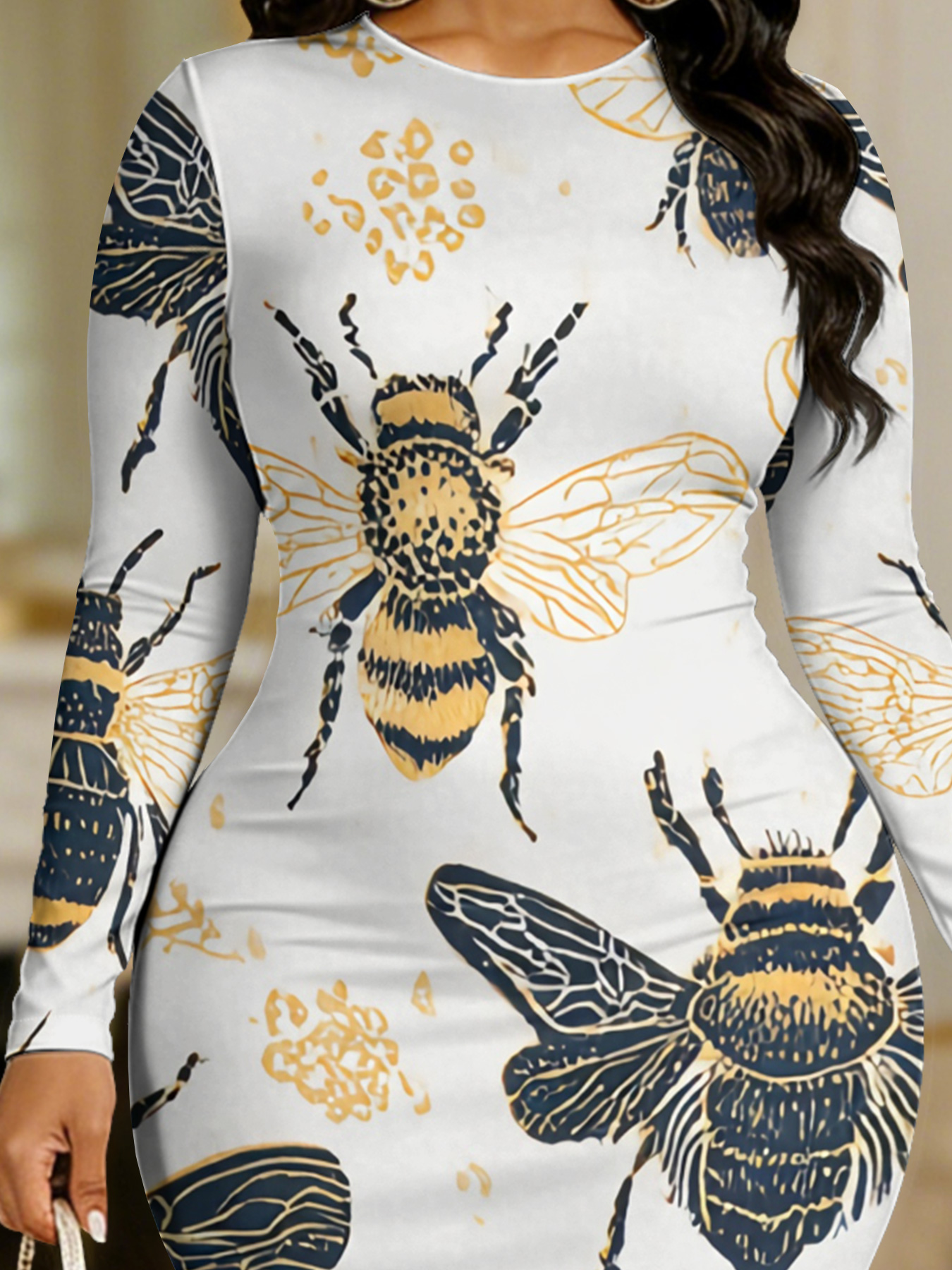 Luxury Bee Round Sleeve Neck Long Bodycon Dress