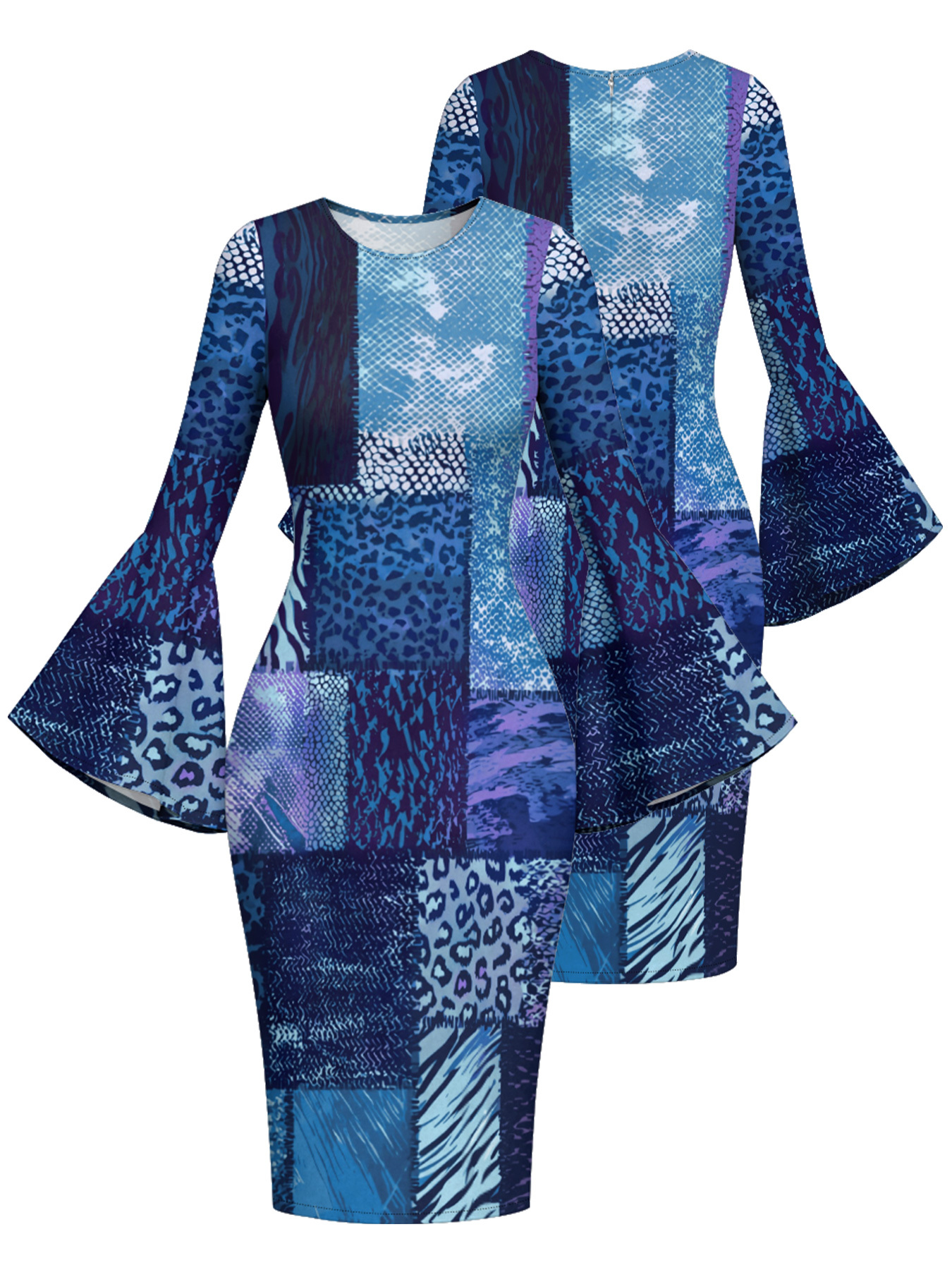 Blue Mixed Animal Print Bell Flare Sleeve Bodycon Midi Dress