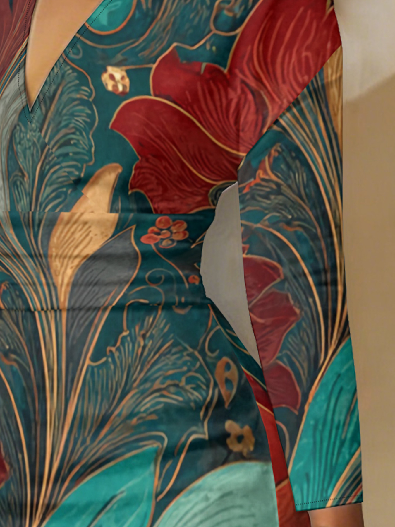 Teal & Red Art Nouveau V-Neck Bodycon Midi Dress