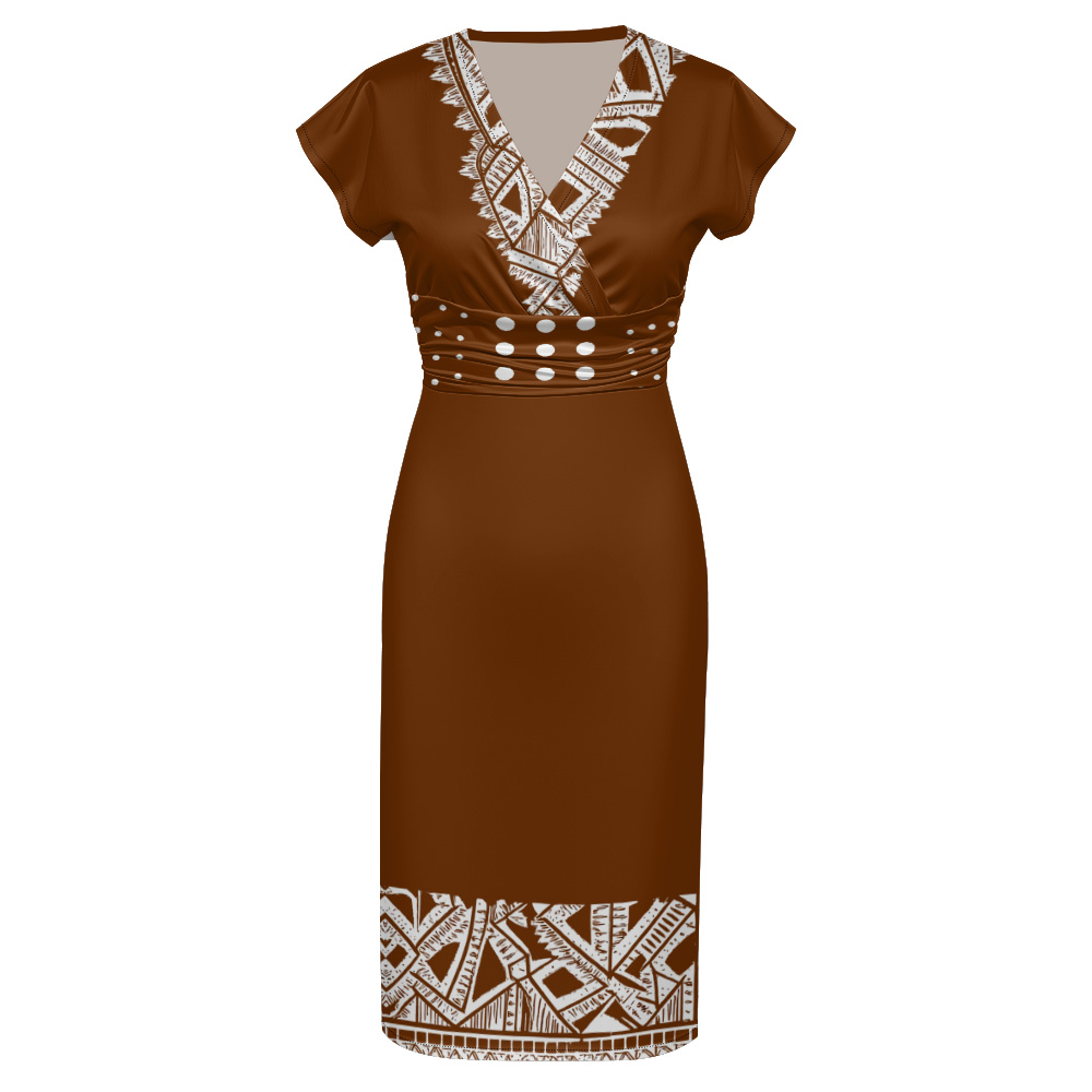 Terracotta White Tribal Cap Sleeve V-Neck Midi Dress