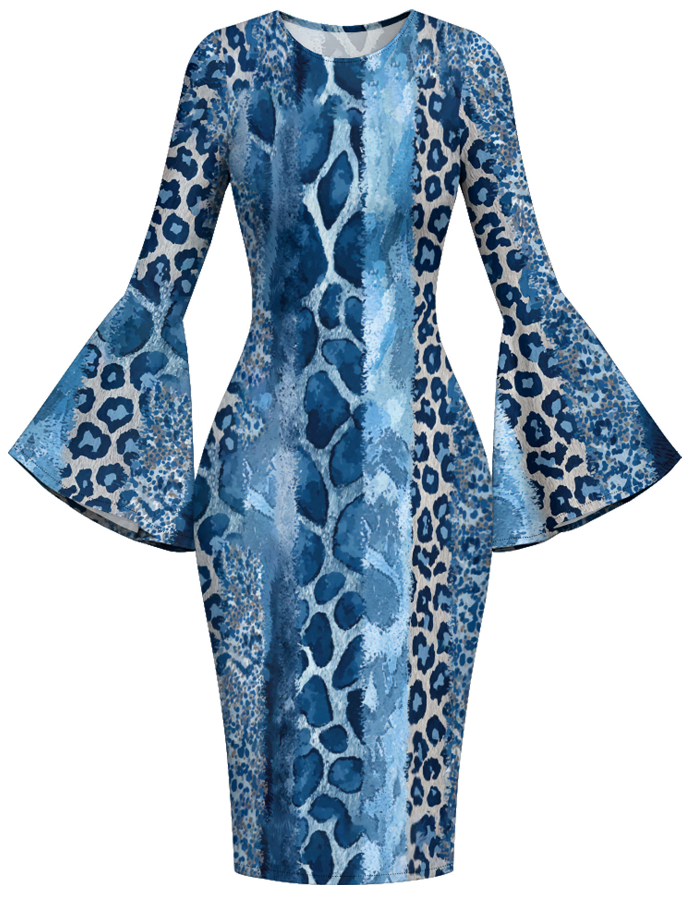 Blue Watercolor Animal Flare Sleeve Bodycon Midi Dress