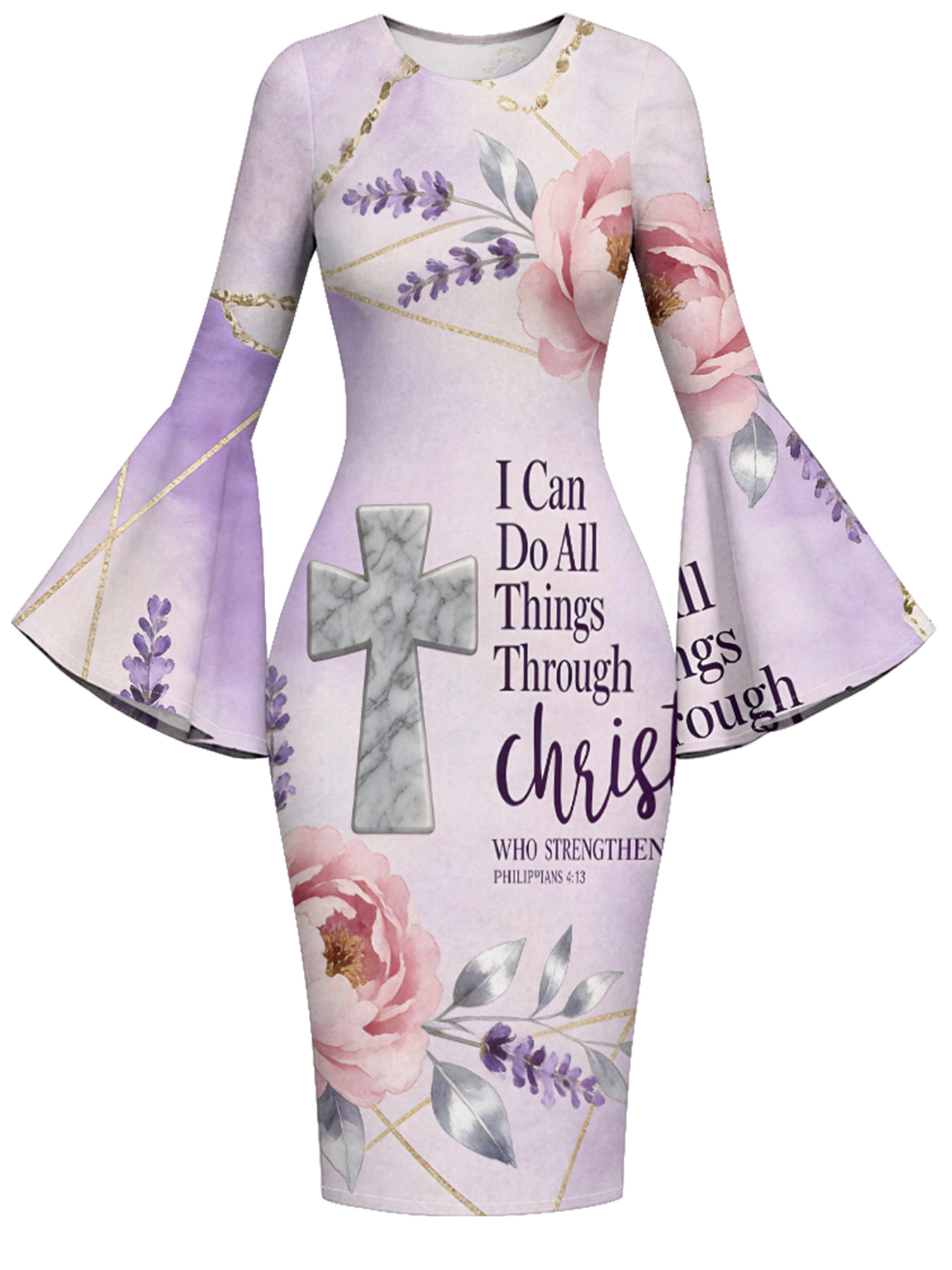 Pastel Purple Marble Cross Easter Flare Sleeve Bodycon Midi Dress