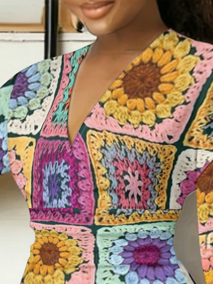 Boho Crochet Patchwork V-Neck Bodycon Midi Dress QFS1685