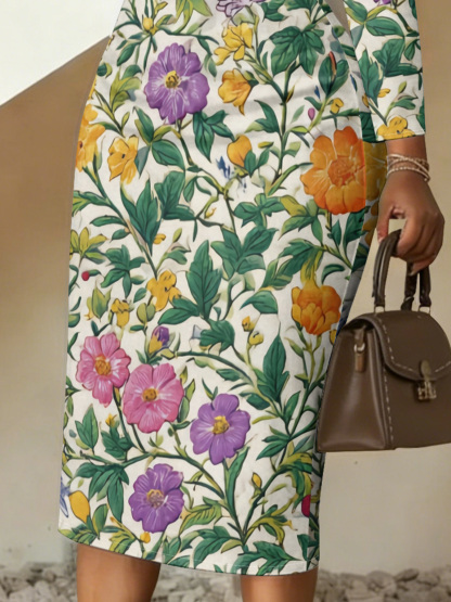 Vintage Botanical Floral V-Neck Bodycon Midi Dress XFK5127