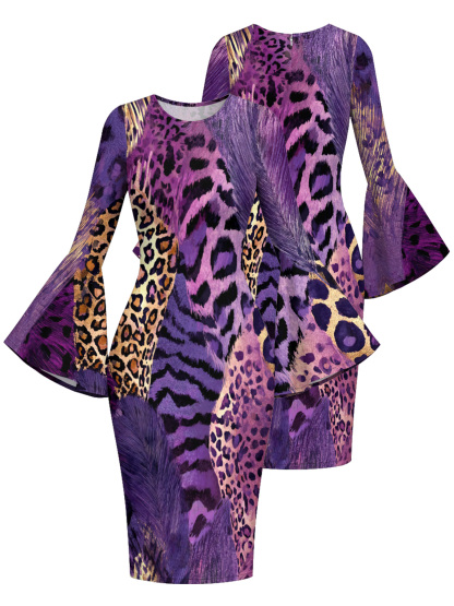 Purple Mixed Animal Print Flare Sleeve Bodycon Midi Dress