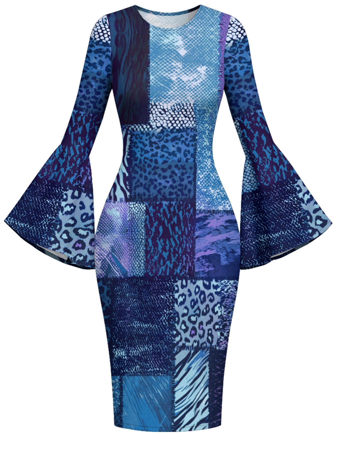 Blue Mixed Animal Print Bell Flare Sleeve Bodycon Midi Dress