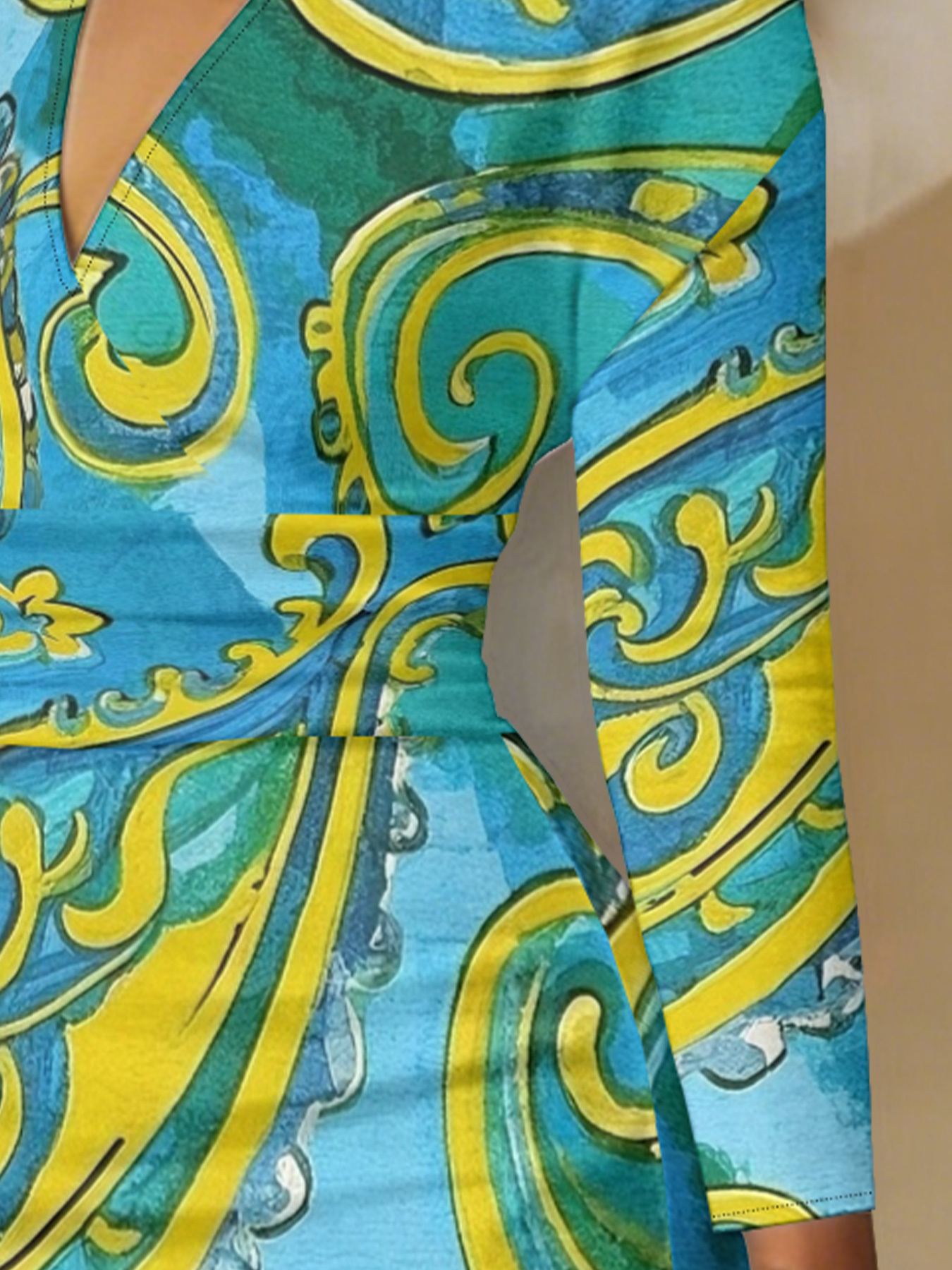 Teal & Yellow Paisley V-Neck Bodycon Midi Dress