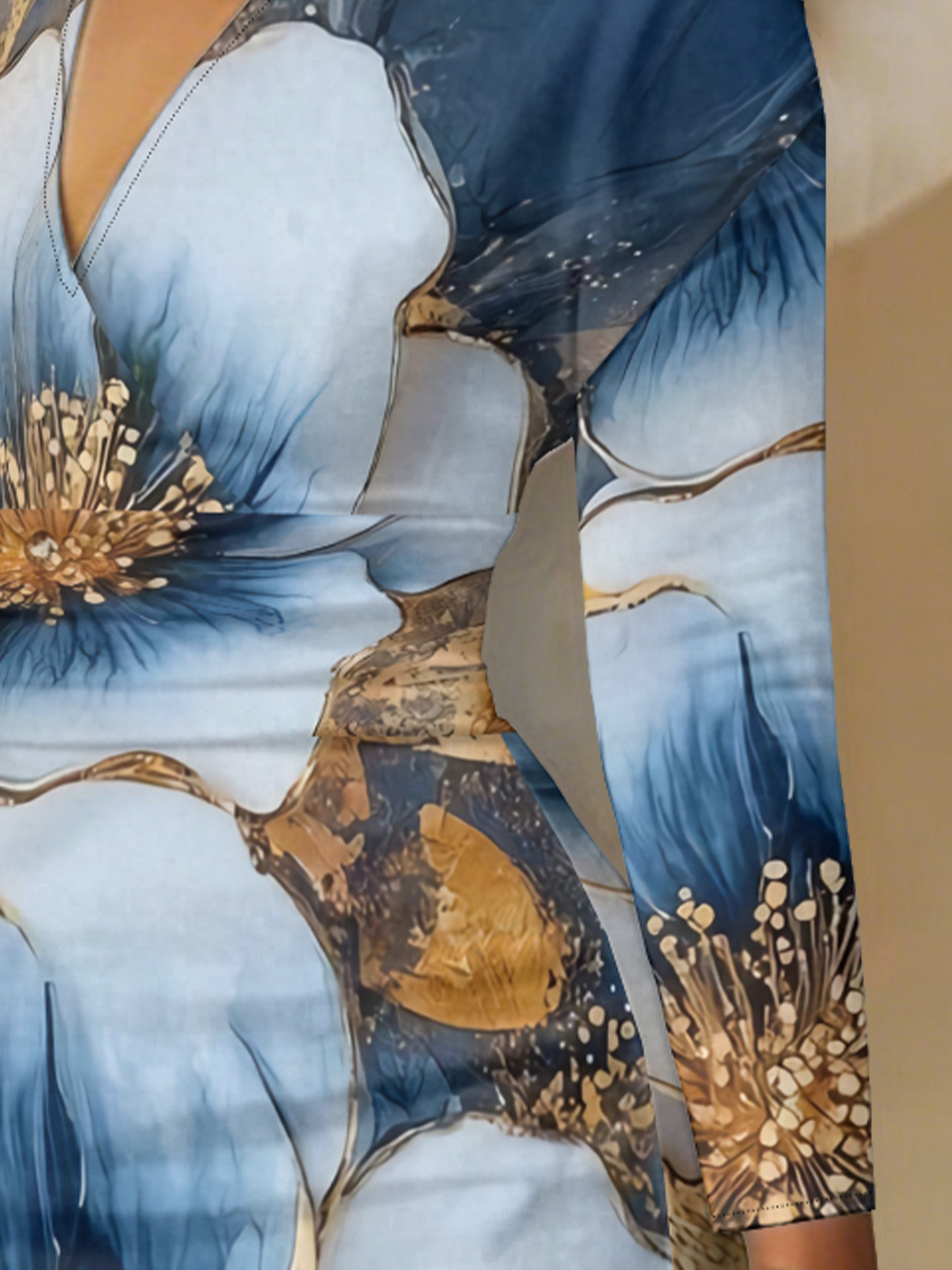 Blue Gold Floral V-Neck Bodycon Midi Dress ABG874