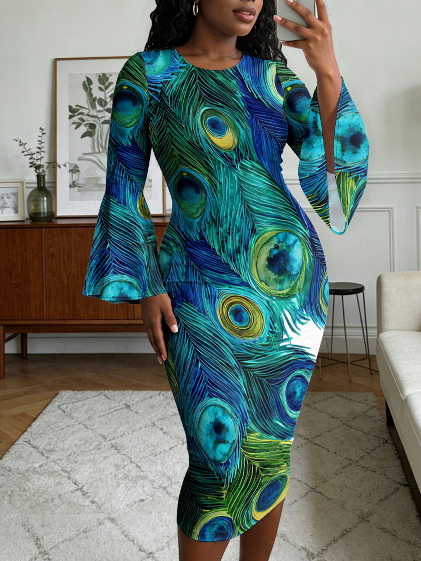 Flare Sleeve Bodycon Midi Dress