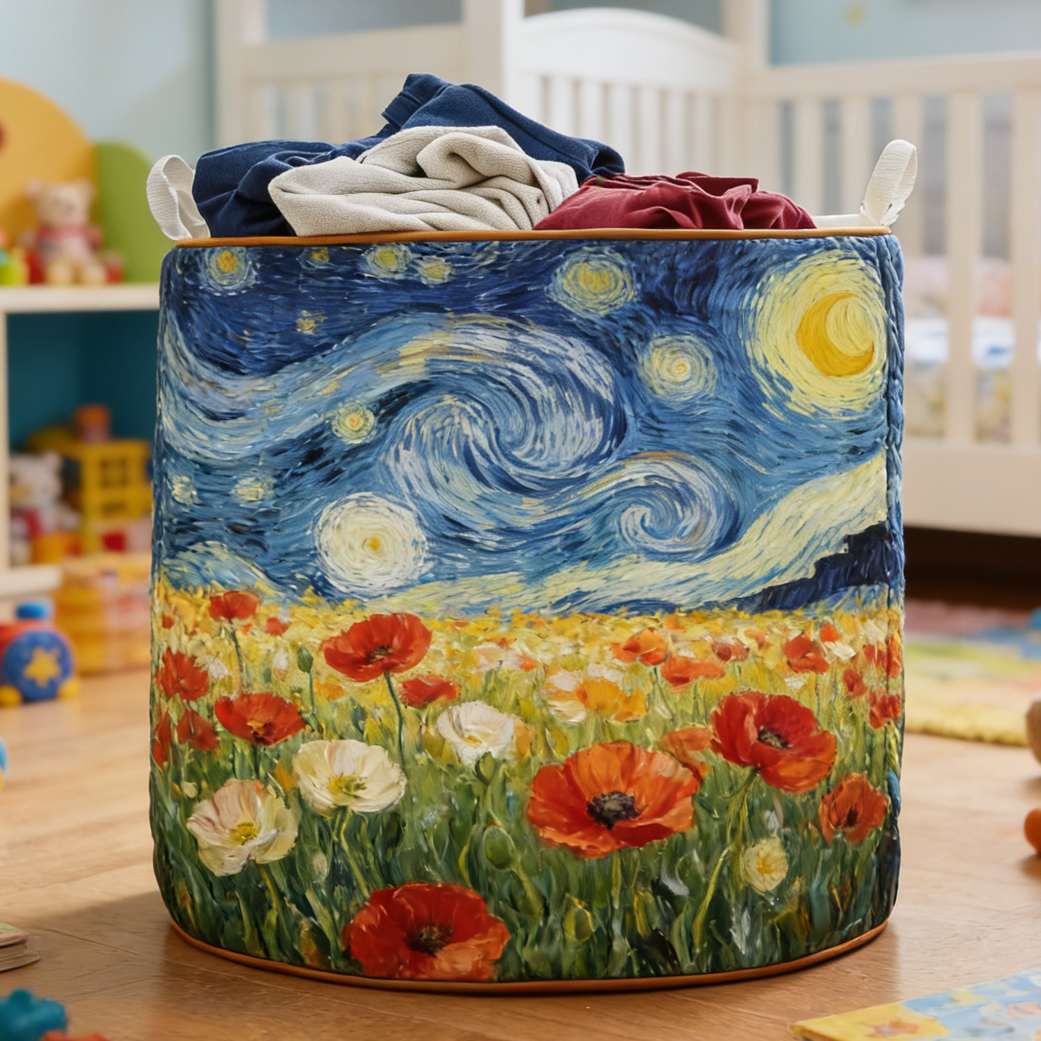 Starry Night & Poppy Field Quilted Laundry Basket ZXCVB785