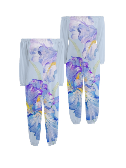 Watercolor Iris Off-Shoulder Jumpsuit